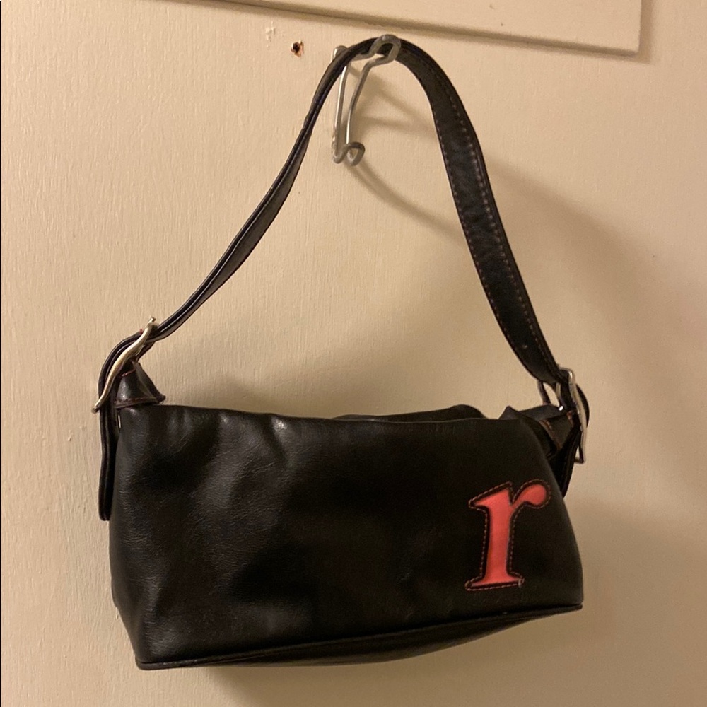 Black Leather Shoulder Bag with Red Accent